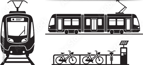 Front and side view illustration of a modern tram and bicycle rack with charging station
