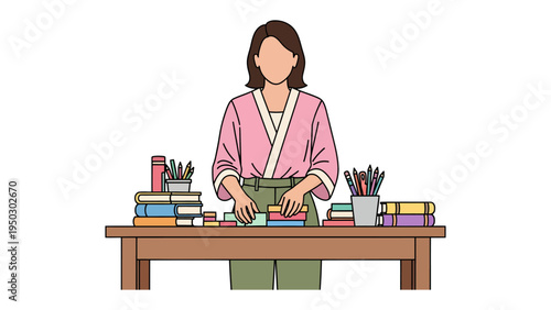 Desk with Stationary: A person diligently organizes a collection of books and stationery items on a neat desk, showcasing a space of focus and order.