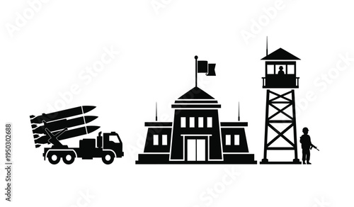 Black silhouette of a missile truck stationed near a military base building and a guard tower