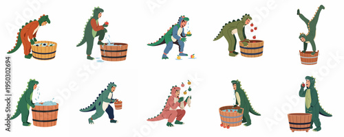 Collection of characters in dinosaur kigurumi onesies playing games with apples and wooden tubs, celebrating autumn festivities and fun activities.