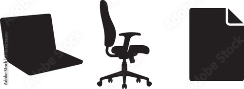 Minimalist laptop computer ergonomic swivel office chair and paper document flat vector icon set