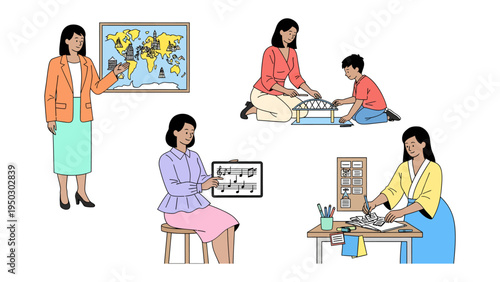 Teaching and Learning Moments: A collection of educational scenarios unfolds, capturing the essence of the teacher-student relationship and various learning activities.