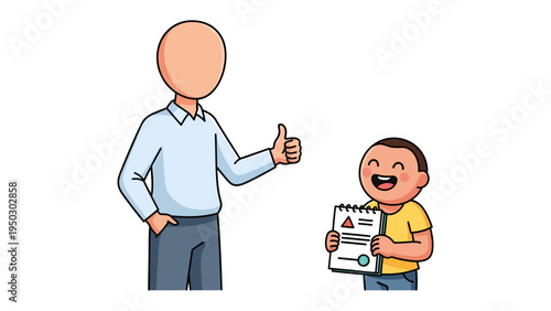 Bright student with Approval : A supportive mentor offers a thumbs-up of encouragement to a happy young student who presents an assessment.