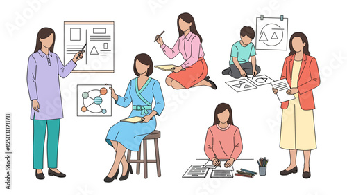 Teaching Moments: A collection of educational illustration capturing different aspects of teaching in various learning environments.