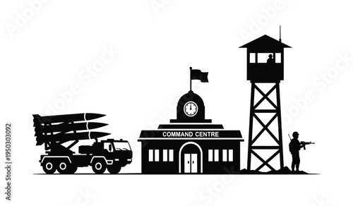 A military command centre scene featuring a missile launcher truck and a guard in a watchtower
