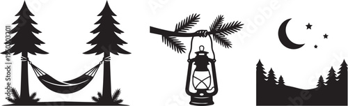 Silhouette collection of trees, hammock, stargazing people, and crescent moon