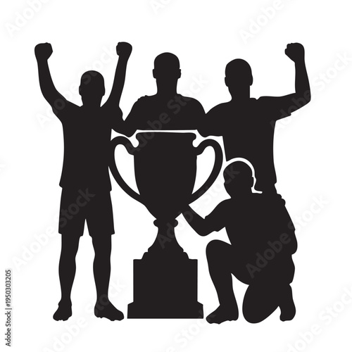 Soccer team celebrating with championship trophy silhouette vector