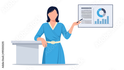 Business Presentation: A professional woman in a blue dress is presenting on data analysis, using a pointer to highlight key information on a chart and graph.