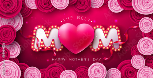 Happy Mother's Day Greeting Card Design with Rose Flower, Heart and Glowing Light Bulb Lettering on Red Background. Vector Mother Day Celebration Illustration with Symbol of Love for Postcard
