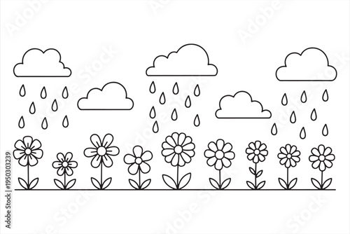 A simple line drawing of flowers growing in the rain with clouds and raindrops