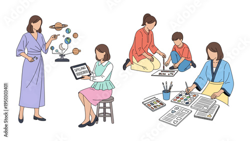 Multifaceted Pursuits: A mosaic of domestic and intellectual pursuits showcases a woman's diverse interests, encompassing education, craftsmanship, and a blend of work and leisure.