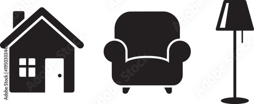 Simple line art vector graphic of a house, armchair, and floor lamp icons