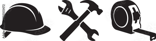 Stylized crossed wrenches and two hard hats illustration, representing construction or labor industr