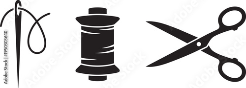 Vector illustration of sewing needle with thread, spool of thread, and scissors