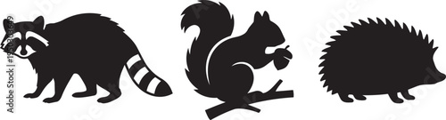 Three stylized animal silhouettes in a row, including a raccoon, a squirrel, and a hedgehog.