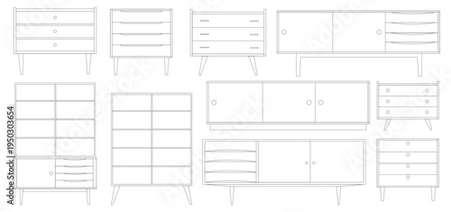 Vector set of Scandinavian furniture in elevation view for use in architectural drawings