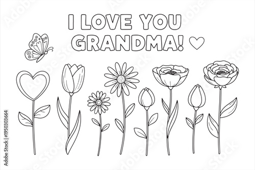 Coloring page for grandma with flowers and heartfelt message