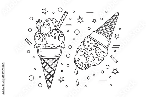 Coloring page of two ice cream cones with scoops and sprinkles
