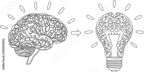 Brain transforming into a light bulb in a continuous line drawing idea concept