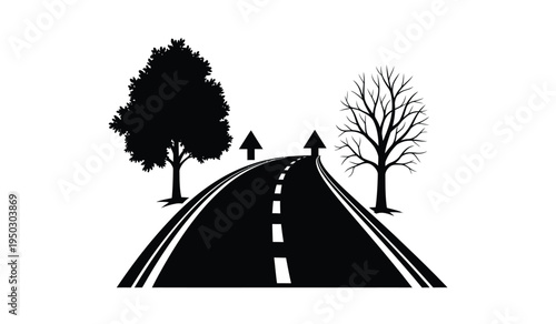 A conceptual illustration of a road leading forward between a leafy tree and a bare winter tree