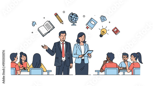 Leading the way: A male and female educator with students gathered in a learning environment, fostering collaboration, and cultivating a passion for education.