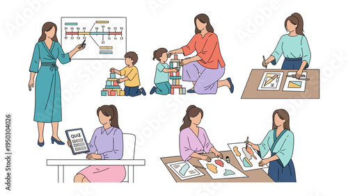 Illustration of Nurturing and Teaching: The image portrays scenes of guidance, education, and artistic creativity with an illustrative touch.