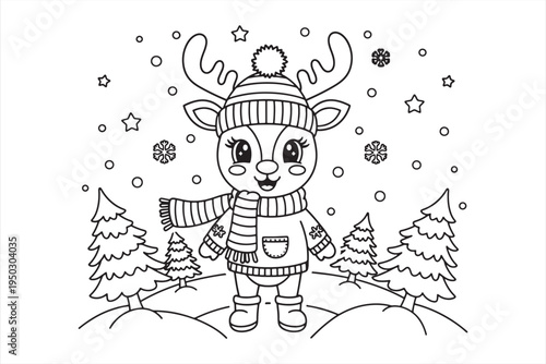 Reindeer in winter wonderland scene with snowflakes and trees