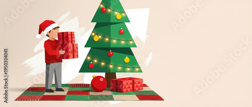 Flat vector illustration of a boy in a santa hat holding gifts next to a decorated christmas tree with copy space.
