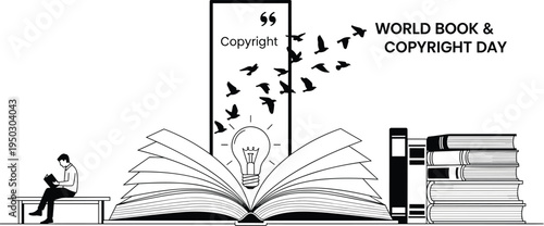 World Book and Copyright Day illustration with man reading and birds flying from book world book day