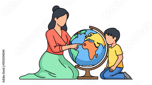 Teacher Guiding Child with Globe: An illustrated scene of a teacher and a student focused on globe, highlighting the beauty of knowledge and exploration.