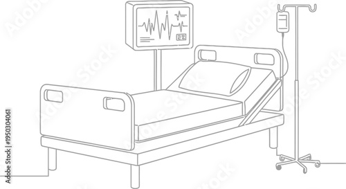 Minimalist line art drawing depicts an adjustable hospital bed ready for patient care near an intravenous drip stand.