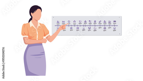 Woman Presenting Timeline: An elegant woman, poised and professional, gestures towards a comprehensive timeline. Each marker represents a significant event.