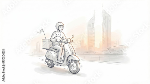 Hand drawn illustration of a courier riding a scooter for express delivery in a city skyline.