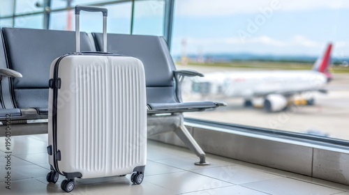 White suitcase standing in airport departure lounge. Travel luggage near window with airplane on runway. Concept of vacation, international flight, tourism, business trip and departure.