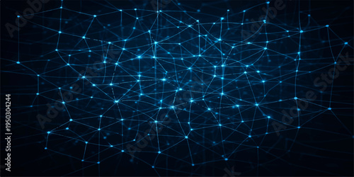 An abstract blue digital background features a glowing network pattern of light lines and stars, blending science and technology into a creative space wallpaper design for business and communication