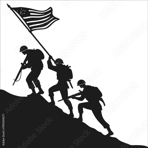 Soldiers climbing a hill while raising an american flag together in silhouette