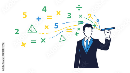 Mathematical Concepts Illustrated: A professional individual with a pen brings forth an array of mathematical symbols, expressing the concepts of math and analytical thinking