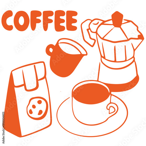 Coffee hand drawn doodle set with cup moka pot milk and cookie illustration