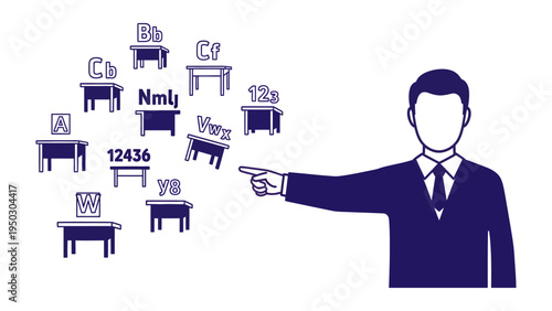 The Art of Illustration: A professional in elegant attire uses his forefinger to illustrate a series of symbolic table design