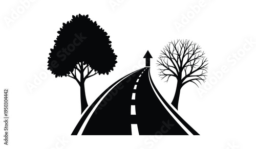 A silhouette illustration of a winding road leading towards an upward arrow between two trees
