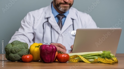 Nutrition consultation with doctor kitchen setting health advice professional environment close-up view wellness focus