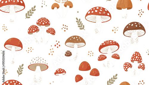Seamless pattern with various forest mushrooms, autumn botanical illustration of red fly agaric and brown fungi, nature background isolated on white