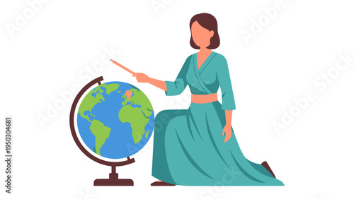 Teacher and Globe Illustration: An elegant teacher, using a pointer, gracefully guides viewers through a captivating world tour with a globe, a symbol of knowledge.