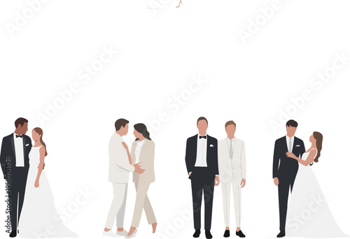 Diverse wedding couples in formal attire standing in romantic poses