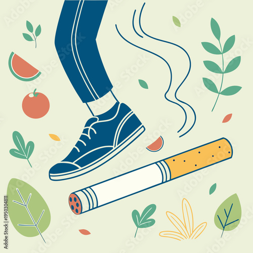 Illustration of a sneaker emitting smoke with a cigarette and healthy food items.
