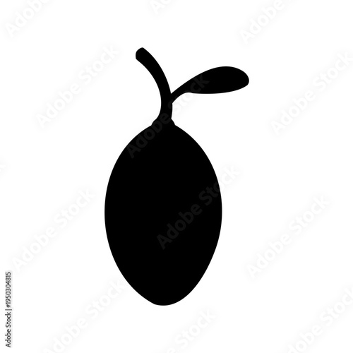 Silhouette of a Lemon with Stem and Two Leaves on White Backdrop