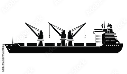Black silhouette profile view of a heavy duty cargo ship equipped with three large loading cranes