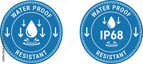 Waterproof and I P68 resistant blue circular icons with arrows and water drops water resistant ip68