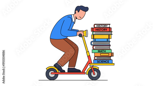 Educational Endeavor on Wheels: An illustration of a determined student riding a scooter loaded with knowledge, embarking on a journey of learning. 