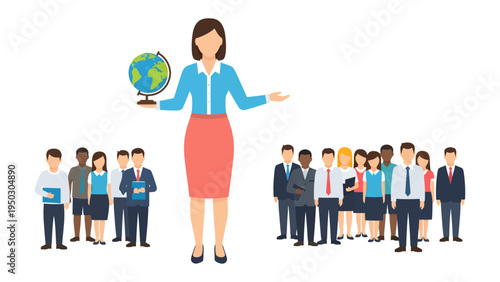 Educational Ambassador: An illustrated depiction of an educator, embodying knowledge and guidance, presenting a globe to a diverse group of learners, set against a simple backdrop.